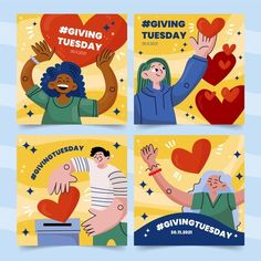 four cards with people holding hearts and giving them to someone on valentine's day