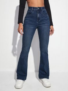 High Waist Bleach Wash Bootcut Jeans | SHEIN USA Dark Flare Jeans, Bootcut Jeans Outfit, Flare Jeans Outfit, Dark Wash Flare Jeans, Blue Flare Jeans, Flair Jeans, Denim Flare Jeans, High Waisted Flare Jeans, Moda Jeans