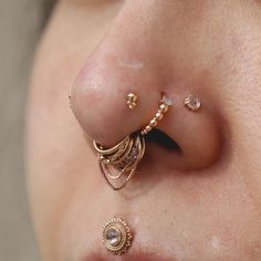 a close up of a person's nose with gold jewelry on it and piercings