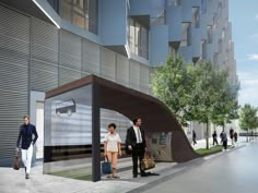 an artist's rendering of a bus stop with people walking on the sidewalk