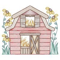 a drawing of a barn with flowers around it