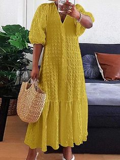 Women Plain Summer Vacation Polyester V neck Natural Lightweight Short sleeve H-Line Dresses Women Shirt Dress, Polynesian Dress, Frocks And Gowns, Oversized Coats, Boho Plus Size, Shirt Dress Summer, Relaxed Trousers, Fashion Traditional, Stylish Work Attire