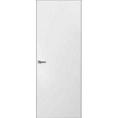 a white door with a handle on the front and side paneled in metal, against a white background