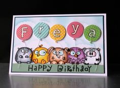 a happy birthday card with animals and balloons on the front, says frieva