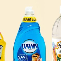 three different types of detergents are shown in this image, one is blue and the other is yellow