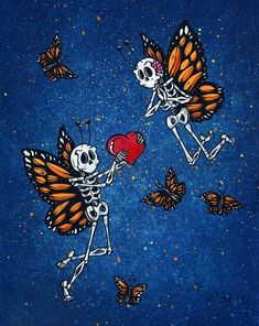 two skeletons holding hearts and butterflies in the sky