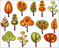 an assortment of trees with different colors and shapes