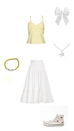 white clothing and accessories including shoes, bracelets, necklaces, and rings are arranged on a white background