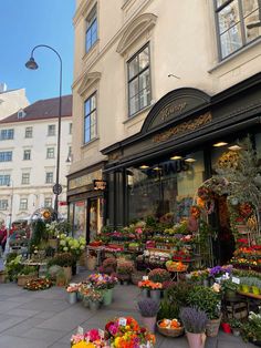 an outdoor flower shop with lots of flowers on display