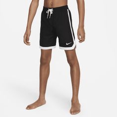 When basketball style meets swim technology—and they get along great. These swim shorts feature a mesh lining and a stretchy waistband with lace-up tabs for a comfortable fit in or out of the water. The pockets use mesh for quick water drainage, making these perfect for any water activity. Casual Nike Bottoms For Poolside, Nike Moisture-wicking Short Swim Trunks, Black Short Swim Trunks For Water Sports, Nike Moisture-wicking Swim Trunks, Nike Sporty Swim Trunks With Moisture-wicking, Nike Beachwear Shorts For Swimming, Black Short Swim Trunks For Swimwear, Nike Sporty Bottoms For Poolside, Nike Swim Trunks With Built-in Shorts