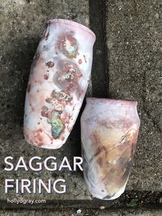 two vases that are sitting on the ground next to each other with words saying saggar firing