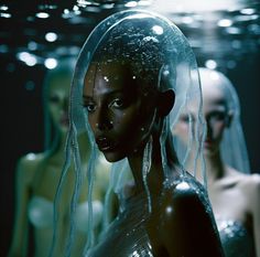 a group of mannequins with veils on their heads in a dark room