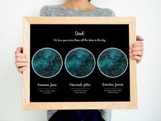 a woman holding up a framed poster with three different planets in it's center