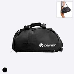 a black duffel bag with the word deerrun on it's front and side