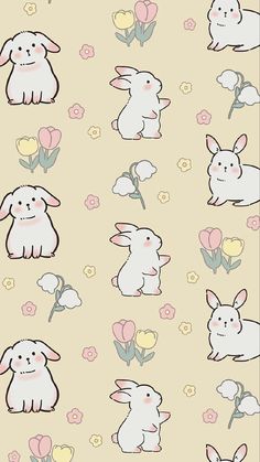 an image of rabbits and flowers on a beige background