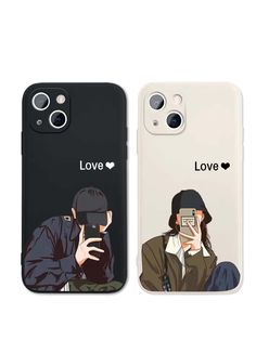 two phone cases with the same character on each side and one is holding a camera