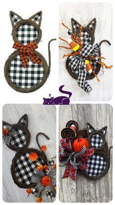 four different pictures of cats with pumpkins and bows