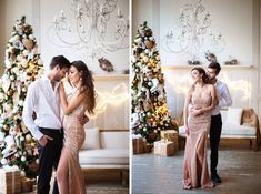 a couple standing next to each other in front of a christmas tree