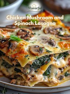 chicken, mushroom and spinach lasagna stacked on top of each other in a white plate