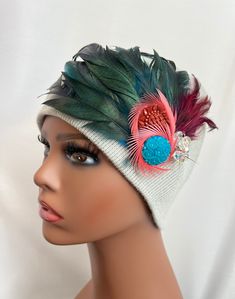 "Custom \"One of a Kind\" embellished knit hats.  Not often do I recreate an identical design...? On the occasion there is a rare duplicate Sister Hat, you can choose from a Left Sided Design from Right Sided Design. Each creation is unique in it own way. There will always be multiple variations of feathers used; peacock, pheasant, rooster, and more. Then intricately hand trimmed, as the vision beings to unfold, each feather is slowly pieced together one by one. This creating a layering effect w Luxury Handmade Multicolor Hats, Peacock Pheasant, Art Hats, Unusual Hats, Boho Fashion Winter, Skull Hat, Unique Hats, Diy Hat, Flapper Style