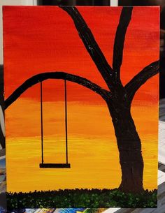 an acrylic painting of a tree with a swing in the sky at sunset