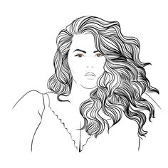 a black and white drawing of a woman with curly hair