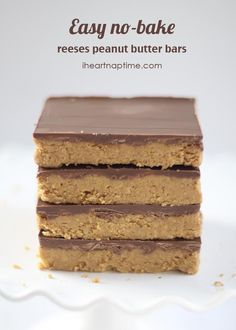 three peanut butter bars stacked on top of each other with the words easy no - bake reeses peanut butter bars