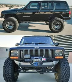 there are two pictures of a black jeep with big tires on the front and side