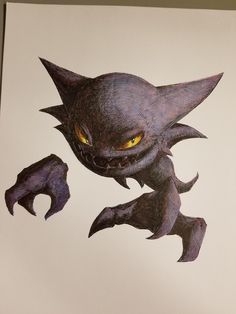 a drawing of a cat with yellow eyes and claws on it's back legs