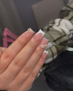 Simple Short Classy Nails, Classic Cute Nails, Small Nail Acrylic, Short French Tip Acrylic Nails Rhinestones, Short Simple Nails Fall, Prom Nails French Tip Square, Short Arclyc Nail French Tip, Shorties Nails With Initial, Super Short French Tip Acrylic Nails