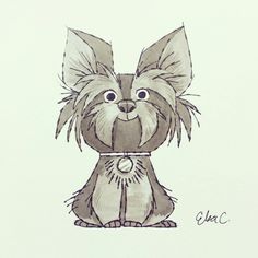 a drawing of a small dog with big eyes and a collar around it's neck