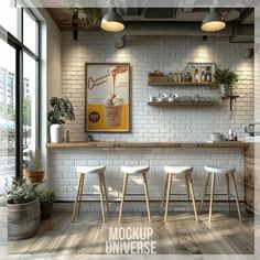 the interior of a restaurant with white brick walls and wooden flooring, three stools are