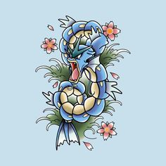 an image of a tattoo style dragon holding a soccer ball with flowers on the side