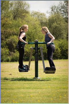 two women standing on top of a metal pole in the grass next to each other