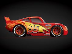 a red race car with flames on the side and number 95 painted on it's side