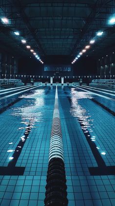 an empty swimming pool with blue tiles and lights on the ceiling is pictured in this image