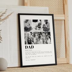 a black and white photo with the words dad on it is next to a vase