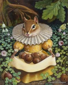 a painting of a mouse sitting on top of a pillow in the middle of flowers