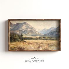 a painting hanging on the side of a wall next to a wooden framed sign that says wild country