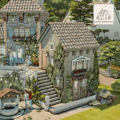 an artist's rendering of a house surrounded by greenery and people in the yard