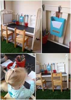 a collage of photos shows a child's desk, chair and bookshelf