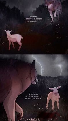 two pictures of animals in the dark with lightning behind them and one showing an animal standing on