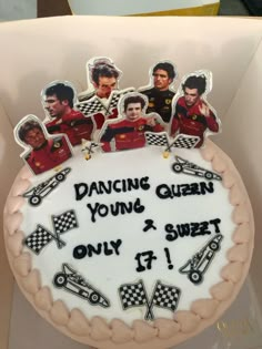 a birthday cake with pictures of the men on it and words dancing queen, you're 3 sweet only if 1