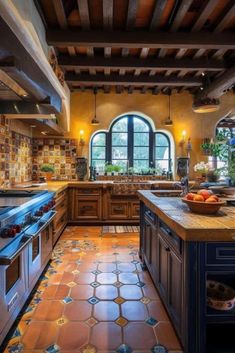 a large kitchen with tile flooring and wooden cabinets