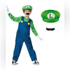 a young boy dressed up as luigi from mario bros