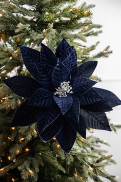 a blue poinsettia ornament on top of a christmas tree