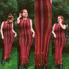 three women in red and pink crocheted dresses standing next to each other on green grass