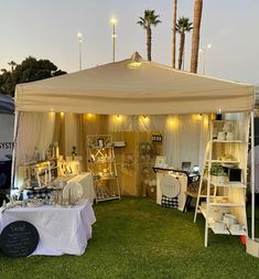 an outdoor tent with tables and chairs set up in the grass under palm trees at night