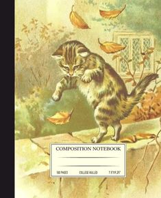 a book cover for composition notebook with a cat on top of the page and falling leaves in the background