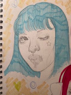 a drawing of a girl with blue hair